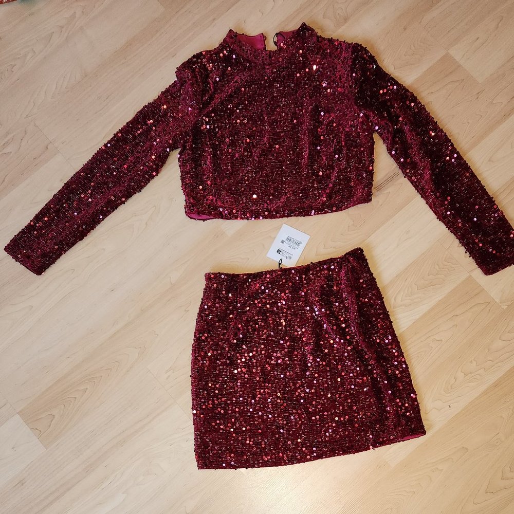 Port Red Velvet Sequin Top & Skirt
